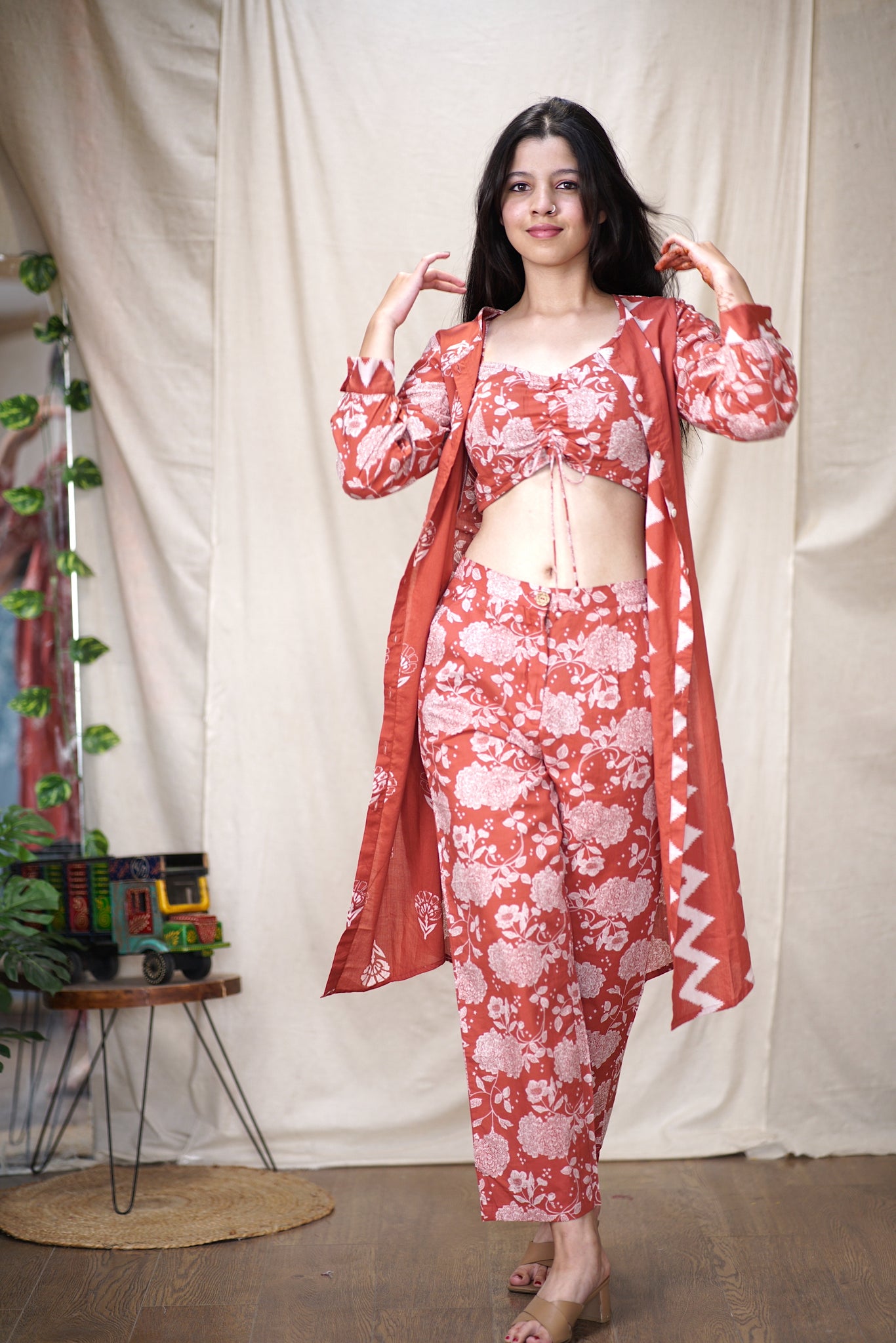 Anika | Cotton Printed 3-Piece Set with Jacket & Crop Top