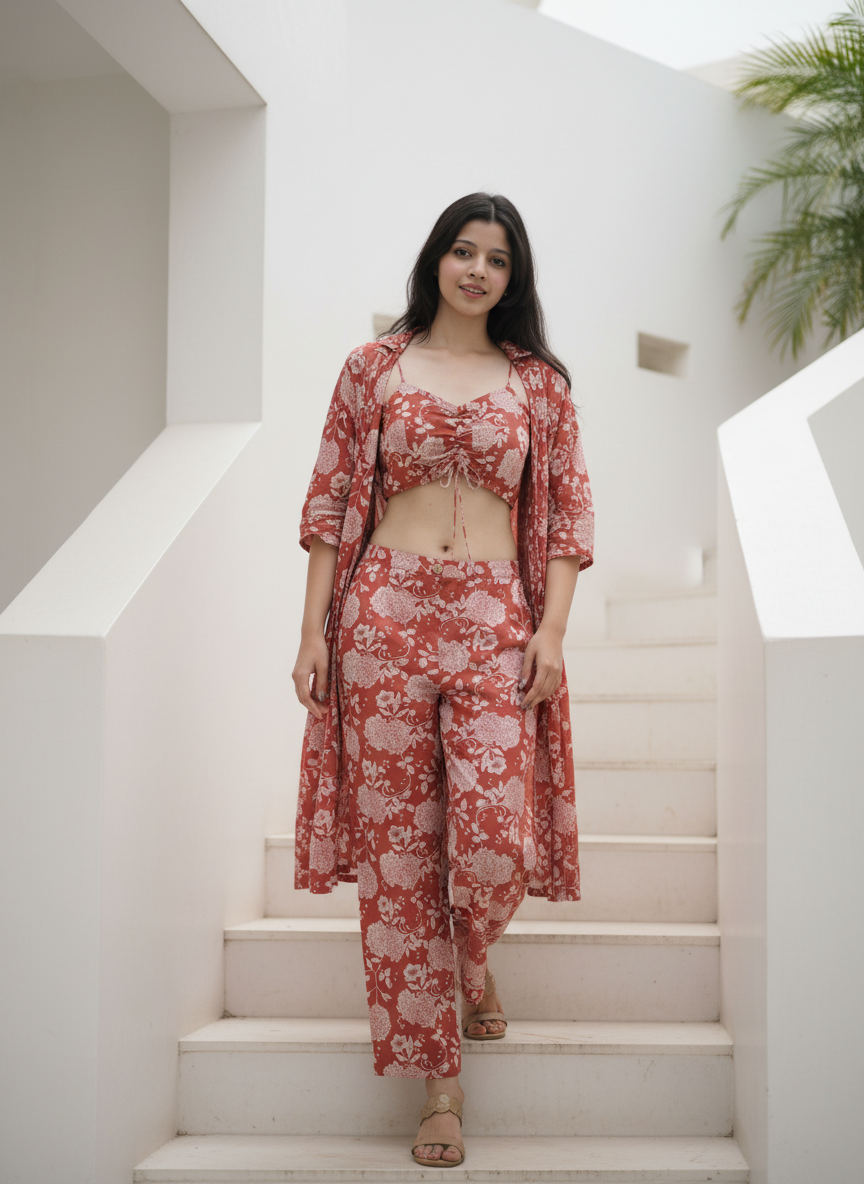 Anika | Cotton Printed 3-Piece Set with Jacket & Crop Top