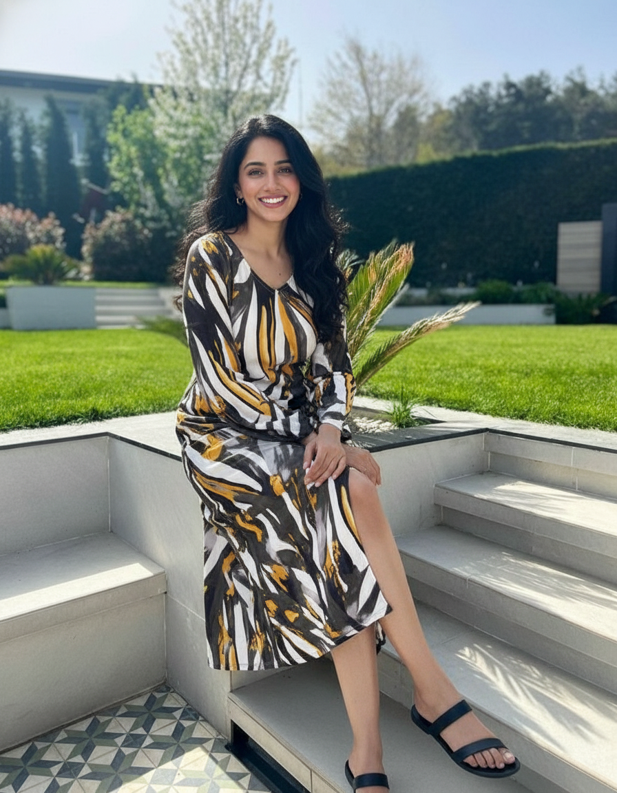 Sneha Dress | Abstract Print Cotton Rayon Dress