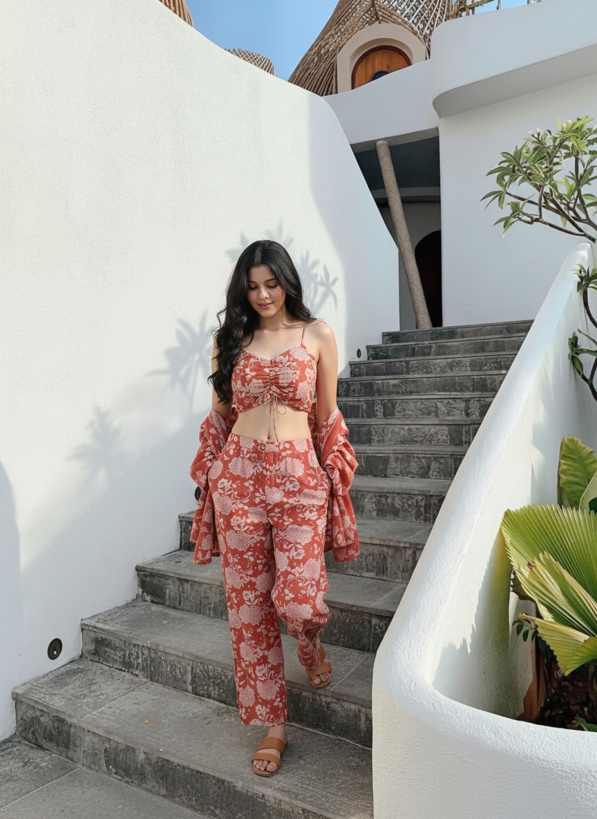 Anika | Cotton Printed 3-Piece Set with Jacket & Crop Top